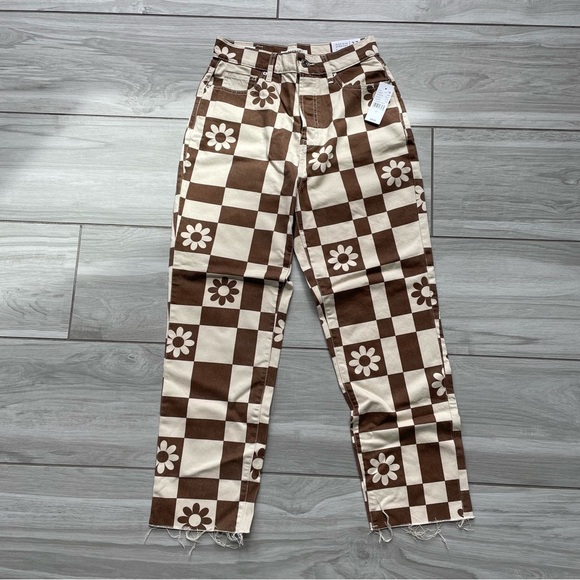 PACSUN NWT Eco Flower Checkerboard High Waisted Straight Leg Jeans-Sz 27 - Picture 3 of 12